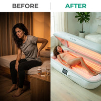 Red Light Therapy Capsule Built for Full Body Sessions, high-quality LEDs, Clamshell Design, Touch Control — Before & After