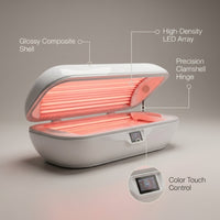 Red Light Therapy Capsule Built for Full Body Sessions, high-quality LEDs, Clamshell Design, Touch Control — infographic